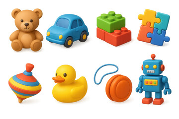 3d set of toy icons. simple style collection of play, fun, and game elements