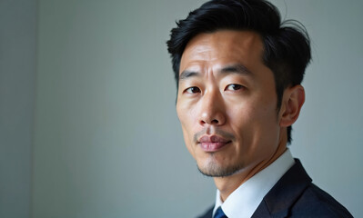 Serious businessman in blazer looking at camera