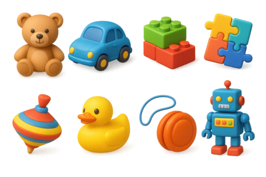 3d set of toy icons. simple style collection of play, fun, and game elements
