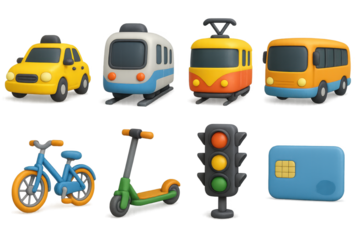 3d city transport icon set. urban travel and commuting symbols in 3d style