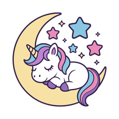 Cute Sleeping Unicorn on Moon with Stars Cartoon Illustration
