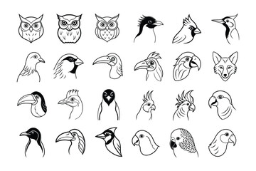set of vector animals, Minimalist Black and White Bird Head Icons Line Art Set