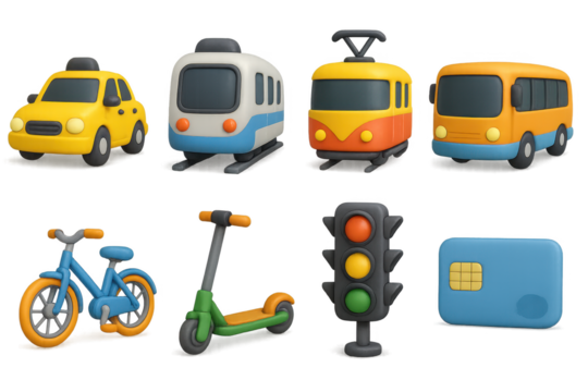 3d city transport icon set. urban travel and commuting symbols in 3d style