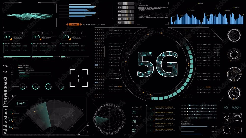 Poster motion graphic of blue digital 5g letter logo with head up display (hud ui) panel and futuristic tec