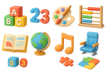 Educational and travel 3d set: learning, airport, and colorful symbols in 3d style