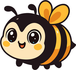Cute Kawaii Bee Vector Illustration, This image features an adorable, kawaii-style bee with a round body and oversized, sparkling eyes. The bee has a friendly, cheerful expression with a small