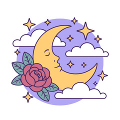 Sleeping Moon with Clouds and Rose Floral Illustration