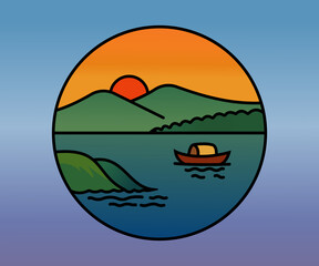 Sunset Landscape Illustration with Mountains and Boat