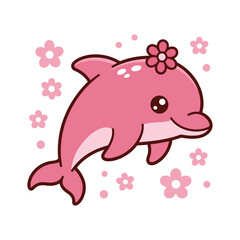 Cute Pink Dolphin with Flowers Illustration