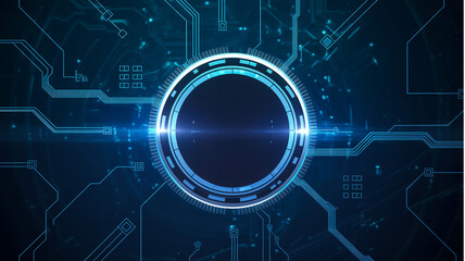 A futuristic digital interface design with a glowing blue circular portal in the center against a dark blue circuit board background.
