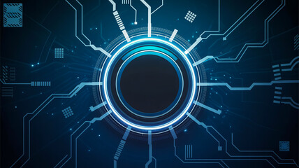 A futuristic digital interface design with a glowing blue circular portal in the center against a dark blue circuit board background.