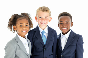 A group of diverse children in business suits stands together with bright smiles, symbolizing unity and collaboration in a professional setting.