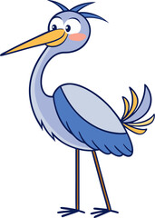 Simple flat cartoon heron bird with calm face and soft purple feathers for kids or nature vector art