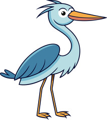 Heron in cartoon flat design with side view standing pose in light blue color for vector bird content