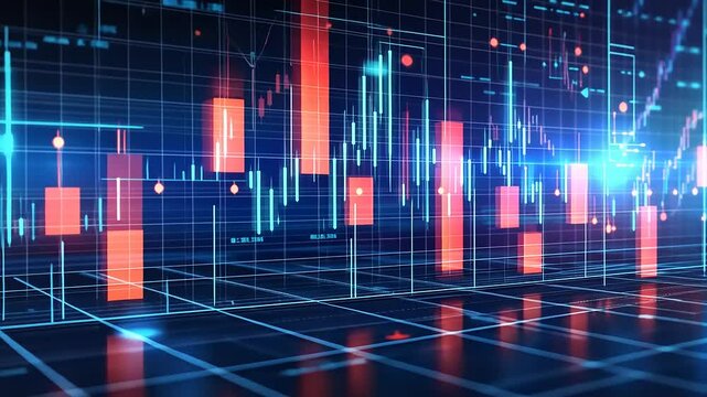 Futuristic digital stock market trading chart with gridlines and red and blue accents