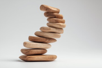 A balanced stack of wooden stones symbolizing harmony and mindfulness, isolated on a white background.