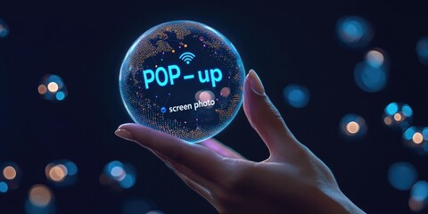 Hand holds a glowing crystal ball displaying "POP-up" text