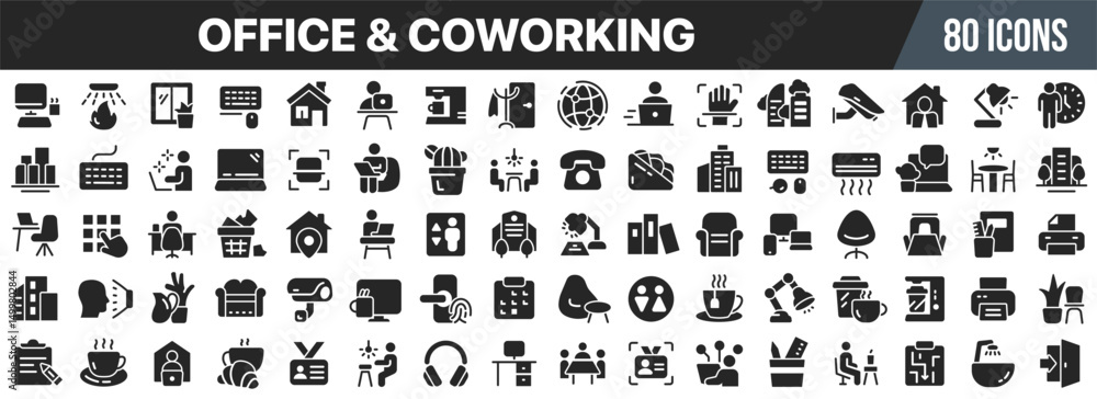 Poster office and coworking black icons collection. big ui icon set in a flat design. vector illustration e