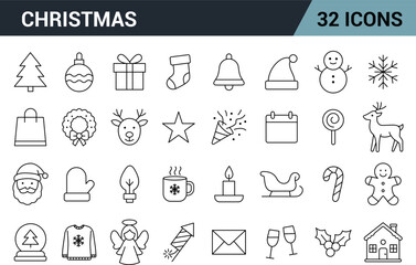 Christmas Line Editable Icons Set. Includes Tree, Santa, Reindeer, Gifts, Snowman, Candy Cane, and more. Vector Illustration. 
