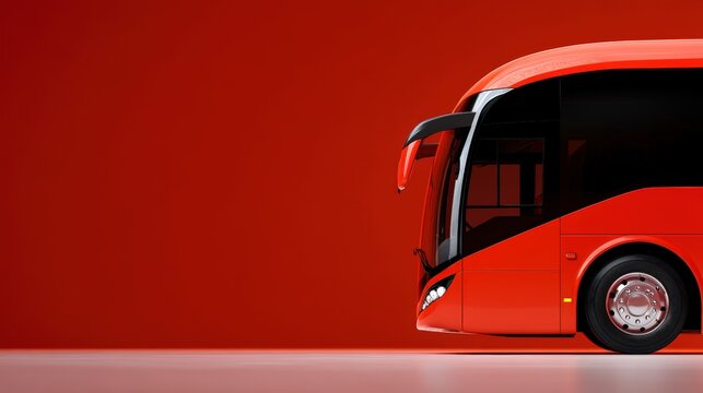 Modern red bus parked against a vibrant orange background in a studio setting