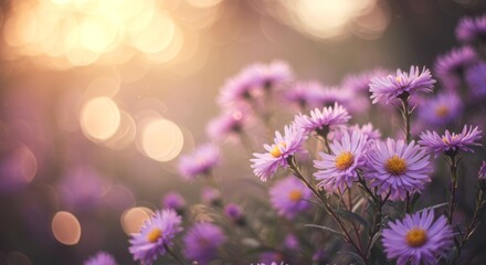 Obraz premium Close up of purple flower in full bloom showing petals and yellow center with soft bokeh light background. Natural meadow.