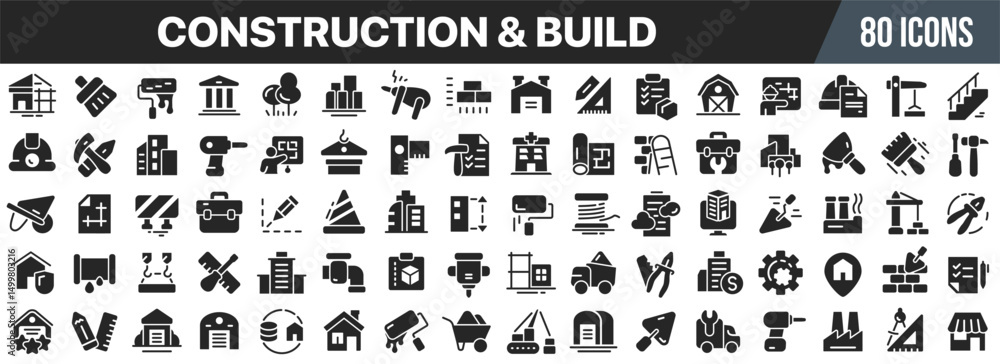 Poster construction and build care black icons collection. big ui icon set in a flat design. vector illustr