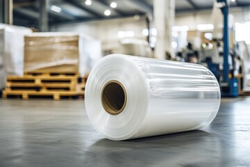 Roll of transparent plastic film on factory floor