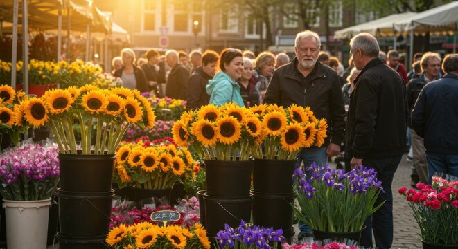 Street-Side Floral Display with Buckets of Sunflowers, Irises, and Carnations - Powered by Adobe