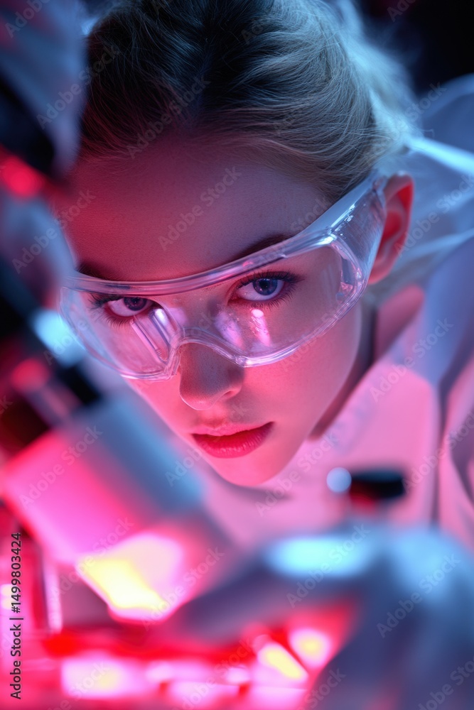 Poster focused scientist examining samples under red illumination in a laboratory setting