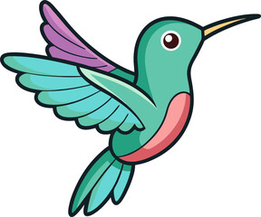 Flying hummingbird with green and pink feathers drawn in cartoon vector ideal for childrens designs