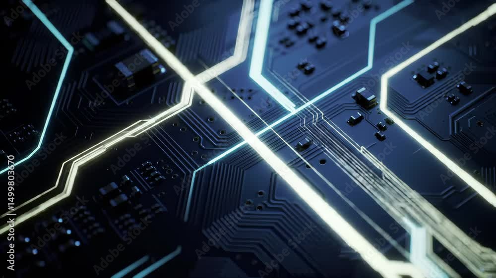 Poster futuristic technology circuit board animation: high-tech connection and data transfer concept