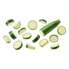 Zucchini slices floating in the air on transparent PNG background