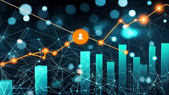 Glowing teal bar chart and orange line graph trending upwards over network background with profile icon