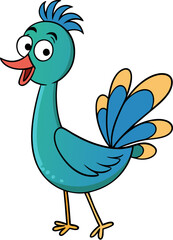 Smiling peacock bird with fan tail shown in cartoon flat vector for kids and wildlife design projects
