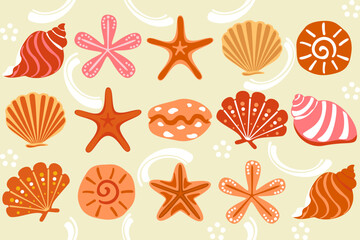 Seamless vector pattern featuring hand-drawn starfish, seashells, and ocean elements on a navy blue background. Perfect for summer-themed designs, textiles, wrapping paper, and digital projects.