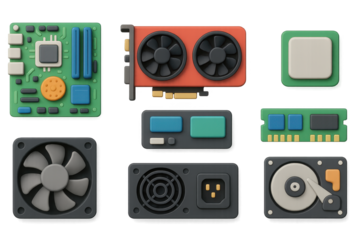 3d set of computer hardware icons. simple and minimal tech components