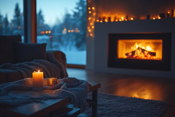 Cozy evening by the fireplace in a winter cabin with candles and soft blankets