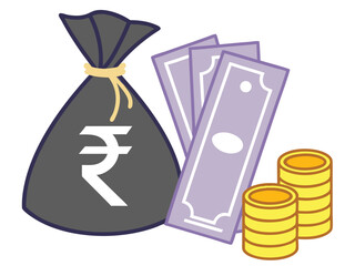 Indian Rupee Money Bag Cash and Coins Illustration Vector Illustration