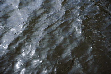 A close-up, abstract perspective captures the dynamic surface of rippling water. Light reflects off...