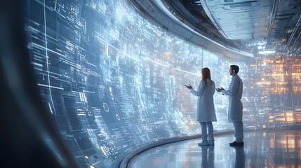 Two medical professionals in lab coats collaborate and discuss innovative AI solutions displayed on a large futuristic interactive screen showcasing complex data and medical