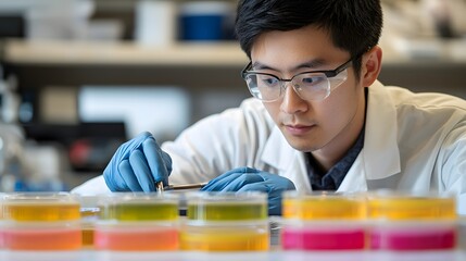 A focused lab assistant meticulously prepares scientific equipment in a modern laboratory setting with attentive gaze demonstrating precision and care while working with colorful