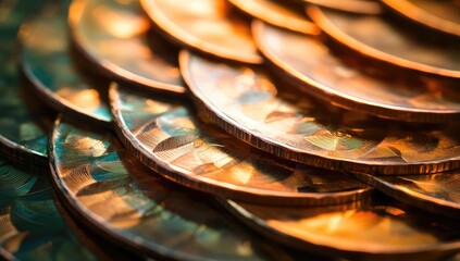 Close-up of many stacked coins, highlighting textures and reflections