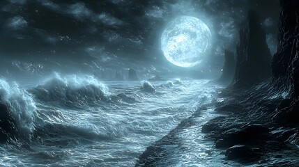 A surreal nightscape depicts a turbulent ocean under a colossal moon; dark rocky cliffs frame the scene offe ample copy space for text and design elements creating a realistic