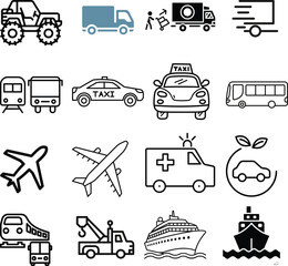Transportation and Vehicle Icon Set – Line Style Vector Symbols for Land, Air, and Sea Travel