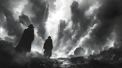 Dark landscape with two figures, ominous towers and billowing clouds in black and white