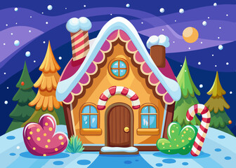 Obraz premium Charming Gingerbread House Winter Night Scene Cartoon Illustration