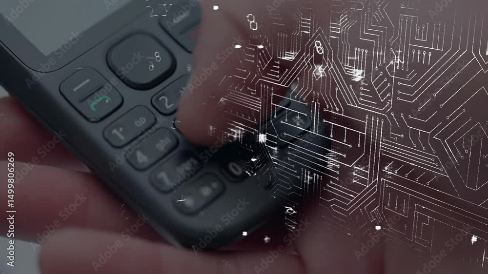 Poster thumb pressing 405 code on phone keypad dissolving digits into circuit overlay unlocking padlock
