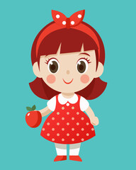 Adorable Little Girl in Red Polka Dot Dress Holding an Apple