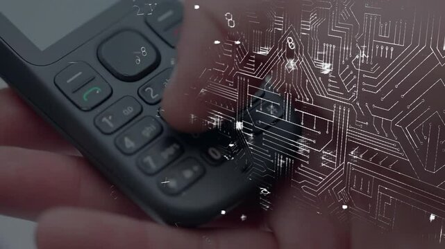 Thumb pressing 405 code on phone keypad dissolving digits into circuit overlay unlocking padlock