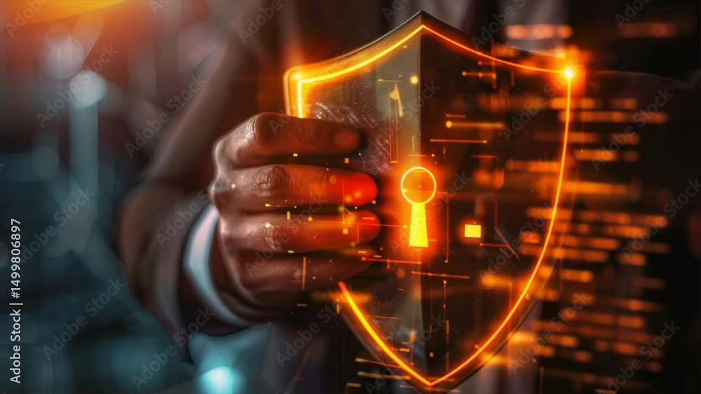 Poster a hand holding a digital shield symbolizing cybersecurity and data protection in a modern technologi